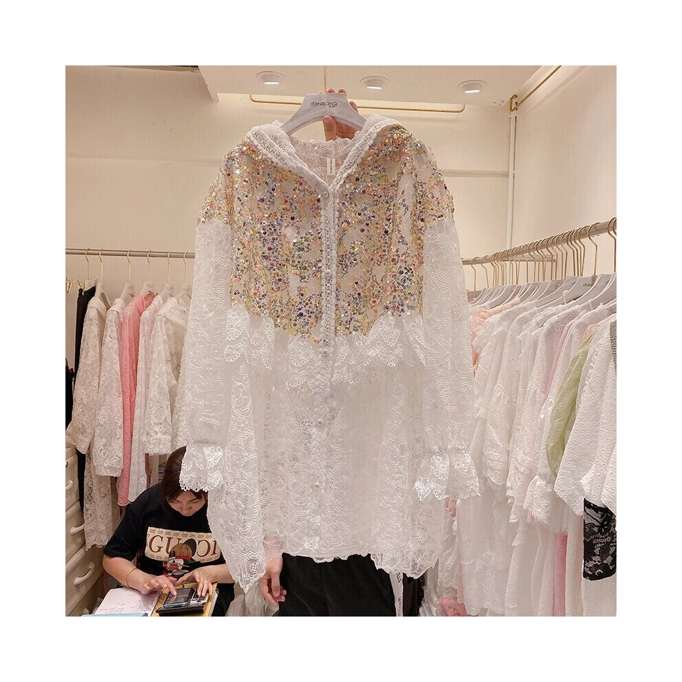 Summer Beaded Lace Stitching Sequins Flare Long Sleeve Hooded Outerwear Beach Holiday Plus Size Women Jacket