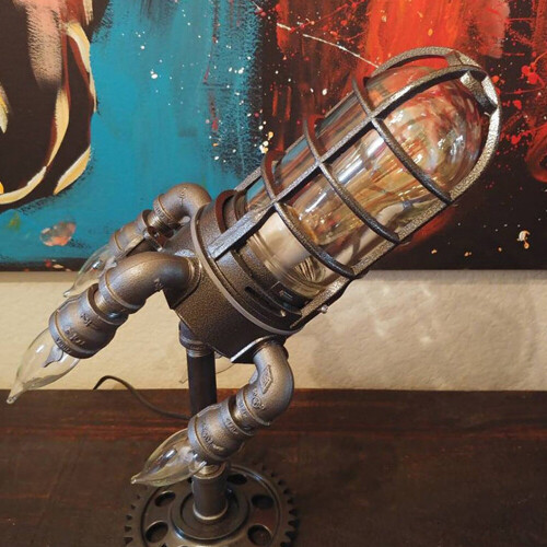 Industrial Rocket Table Lamp - Retro Steampunk Ship Lamp, Flame Night Light, Unique Gift