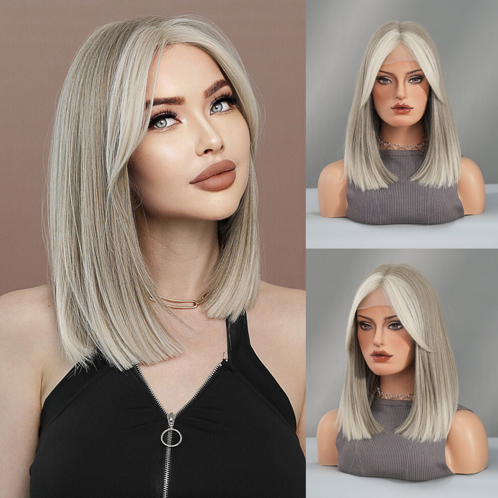 (Light gold (bee-colored ear-hung highlighted)_39cm 16 INCH) New Women's Little T Front Lace Wigs Chemical Fiber Full Headband Short Straight Hair Mid