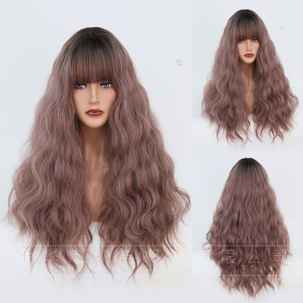 (Pink brown (top of the head dyed brown)_68cm 26inch) New wig women long hair wavy curly hair dark blonde wig cover rose net Ombre Blonde Wig