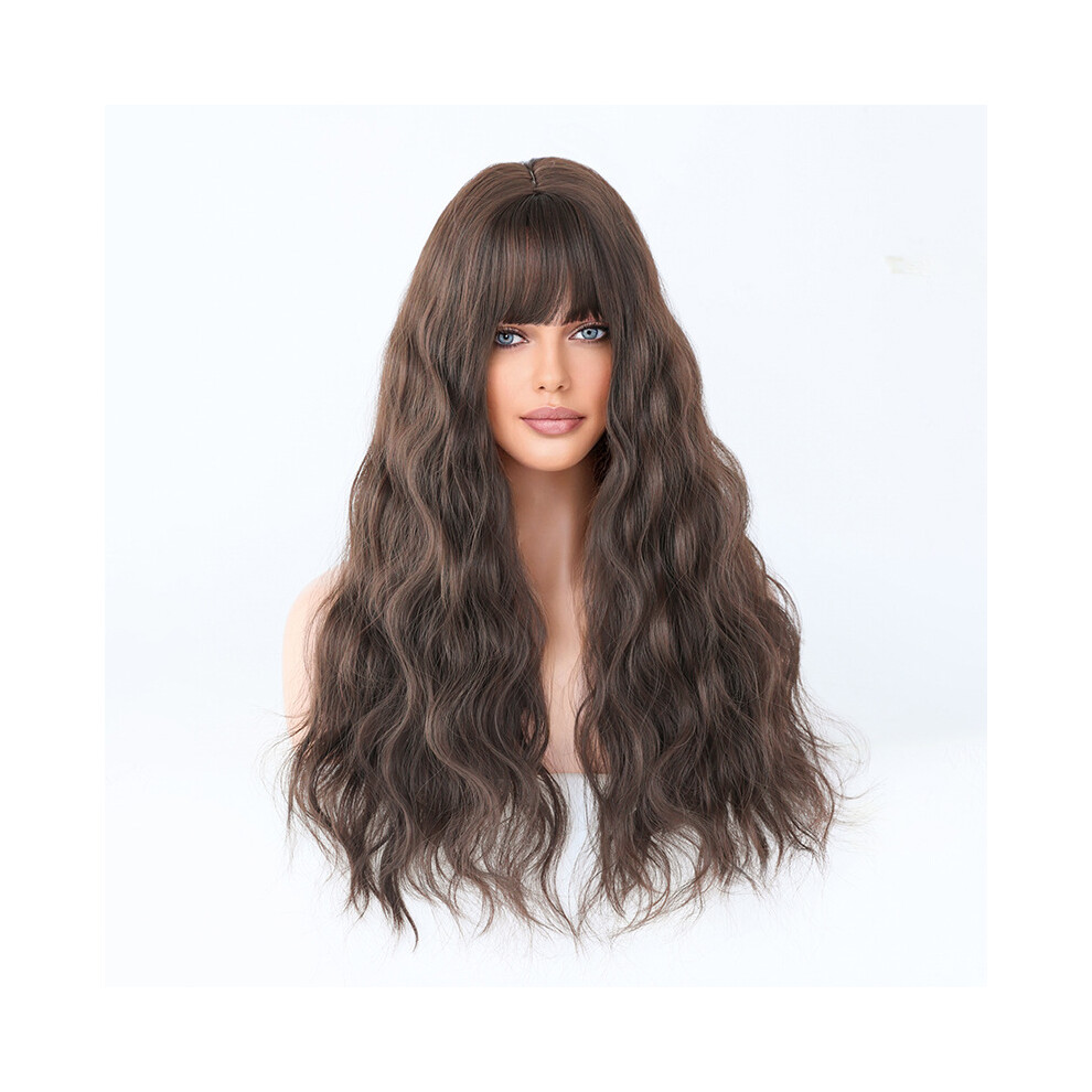 (Cold brown_68cm 26inch) New wig women long hair wavy curly hair dark blonde wig cover rose net Ombre Blonde Wig