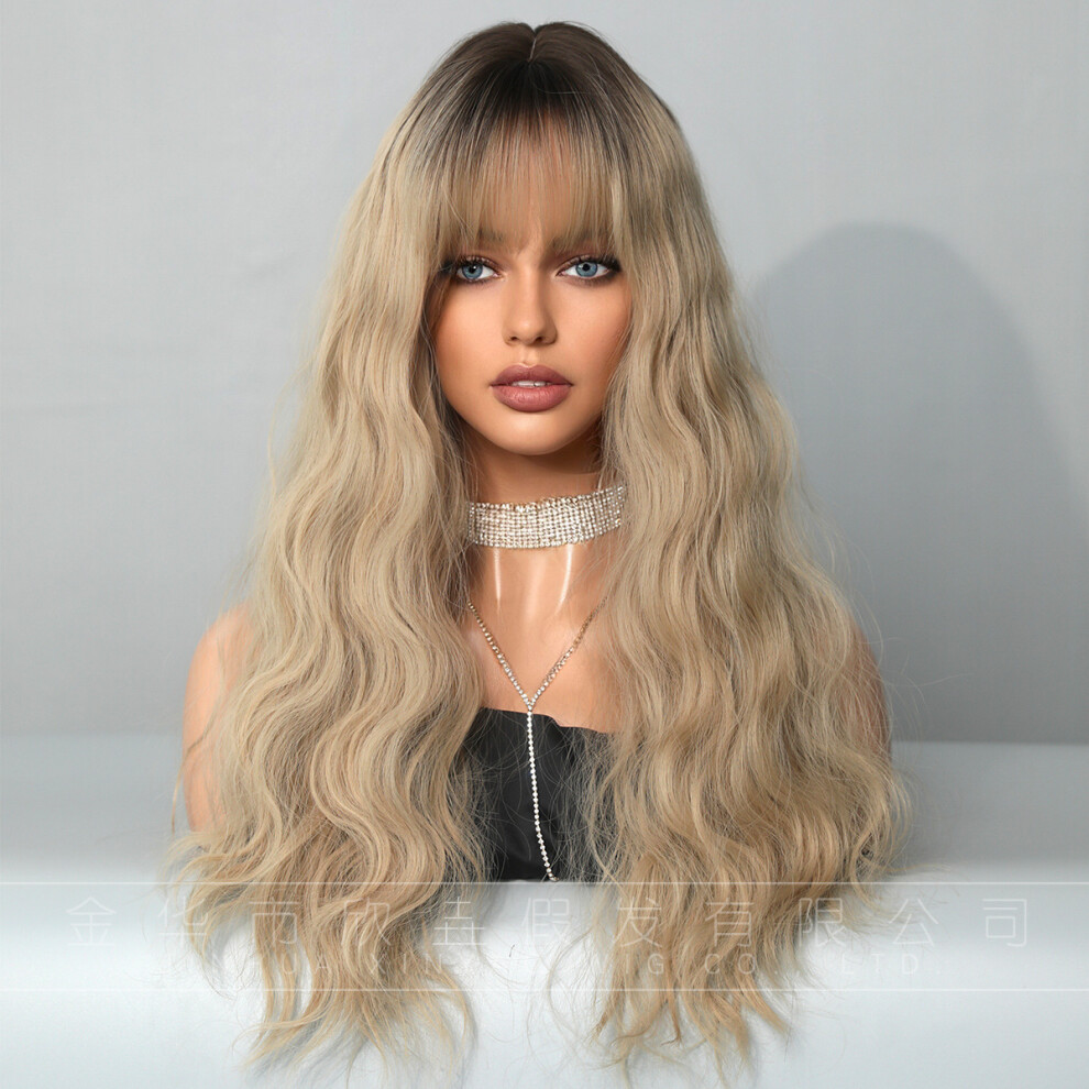 (Dark golden (top dyed)_68cm 26inch) New wig women long hair wavy curly hair dark blonde wig cover rose net Ombre Blonde Wig
