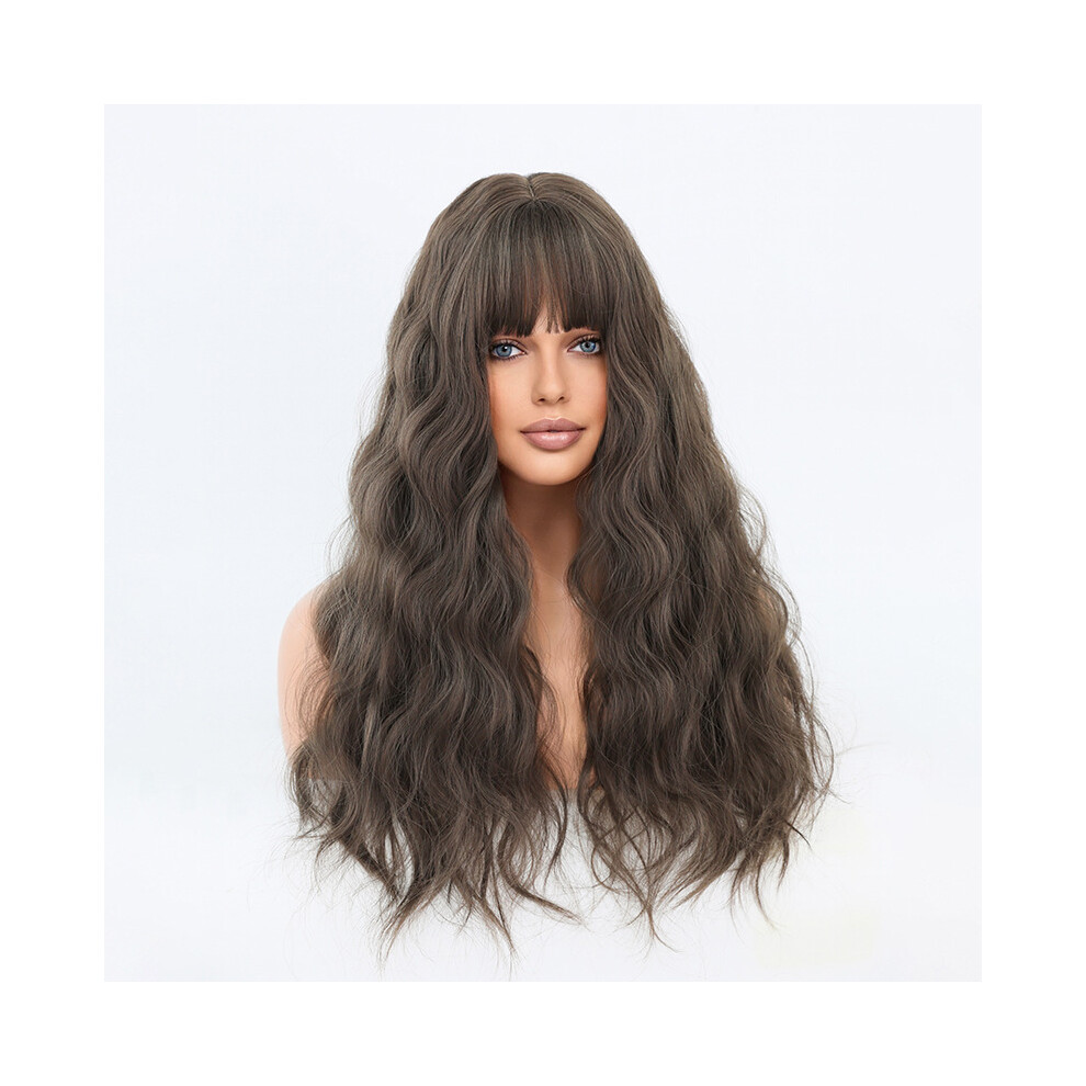 (Chocolate color_68cm 26inch) New wig women long hair wavy curly hair dark blonde wig cover rose net Ombre Blonde Wig