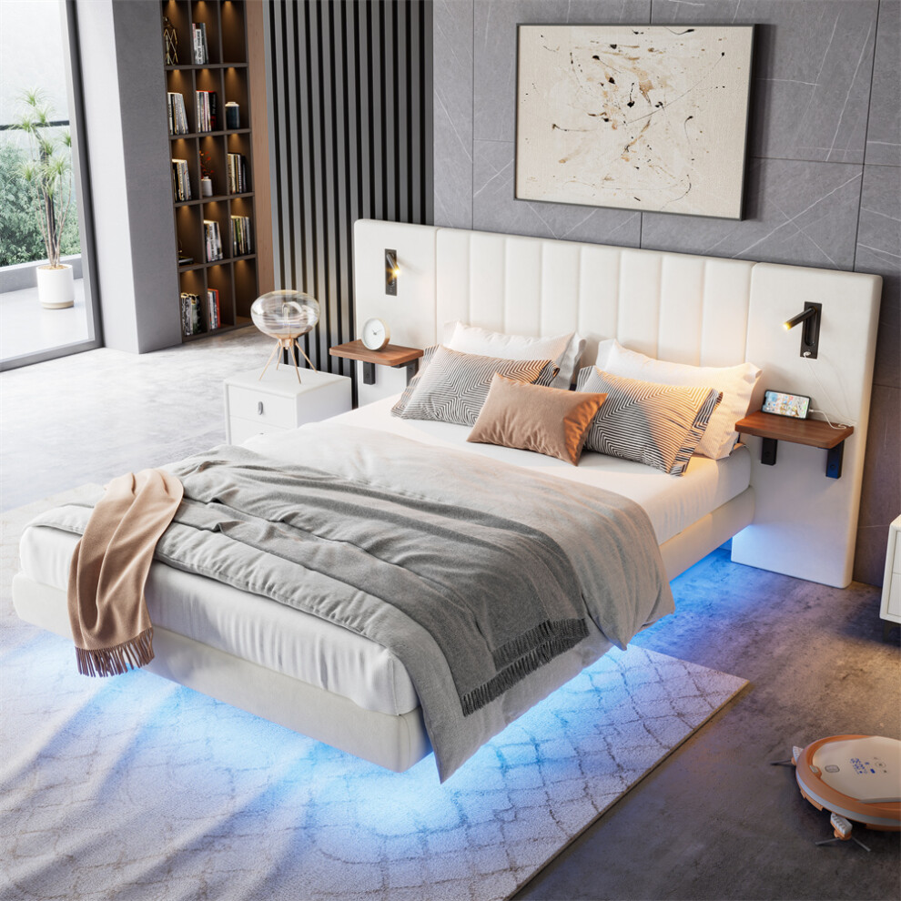 Upholstered Bed,150x200cm, 2 Bedside Lamps, Velvet+Iron, White