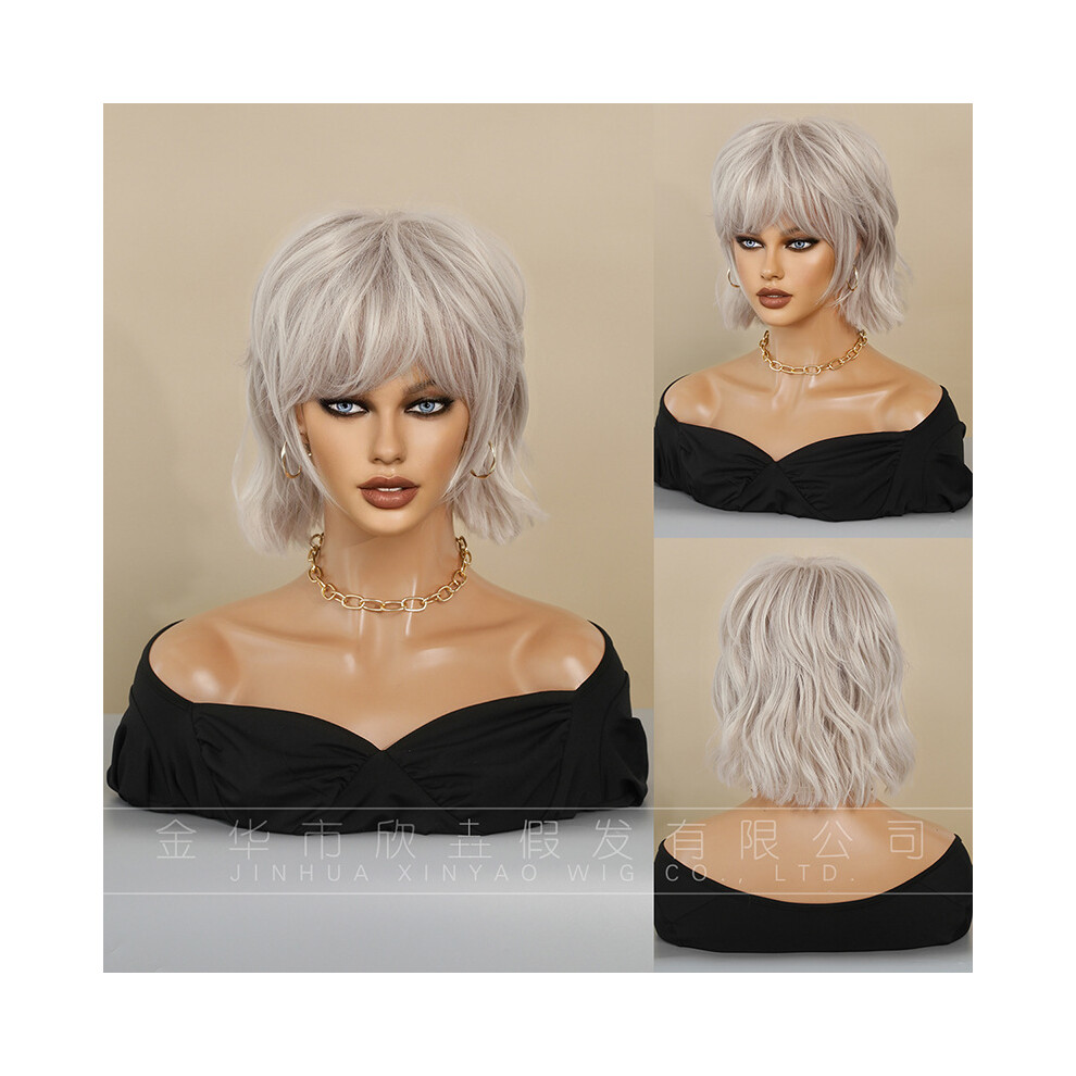 ((Model Features) Silver Pink_31cm 12.2inch) New silver wig short hair European and American internet celebrity black short hair Nyane Lebajoa Hair wi
