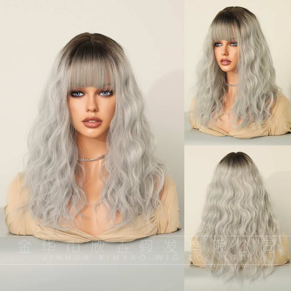 Unisex Orange (Silver-Gray Top Dyeing_54cm 21.25Inch) New Dirty Wig For Women Mid-Length Curly Hair European And American Chemical Fiber Head Hood Wig Wavy O