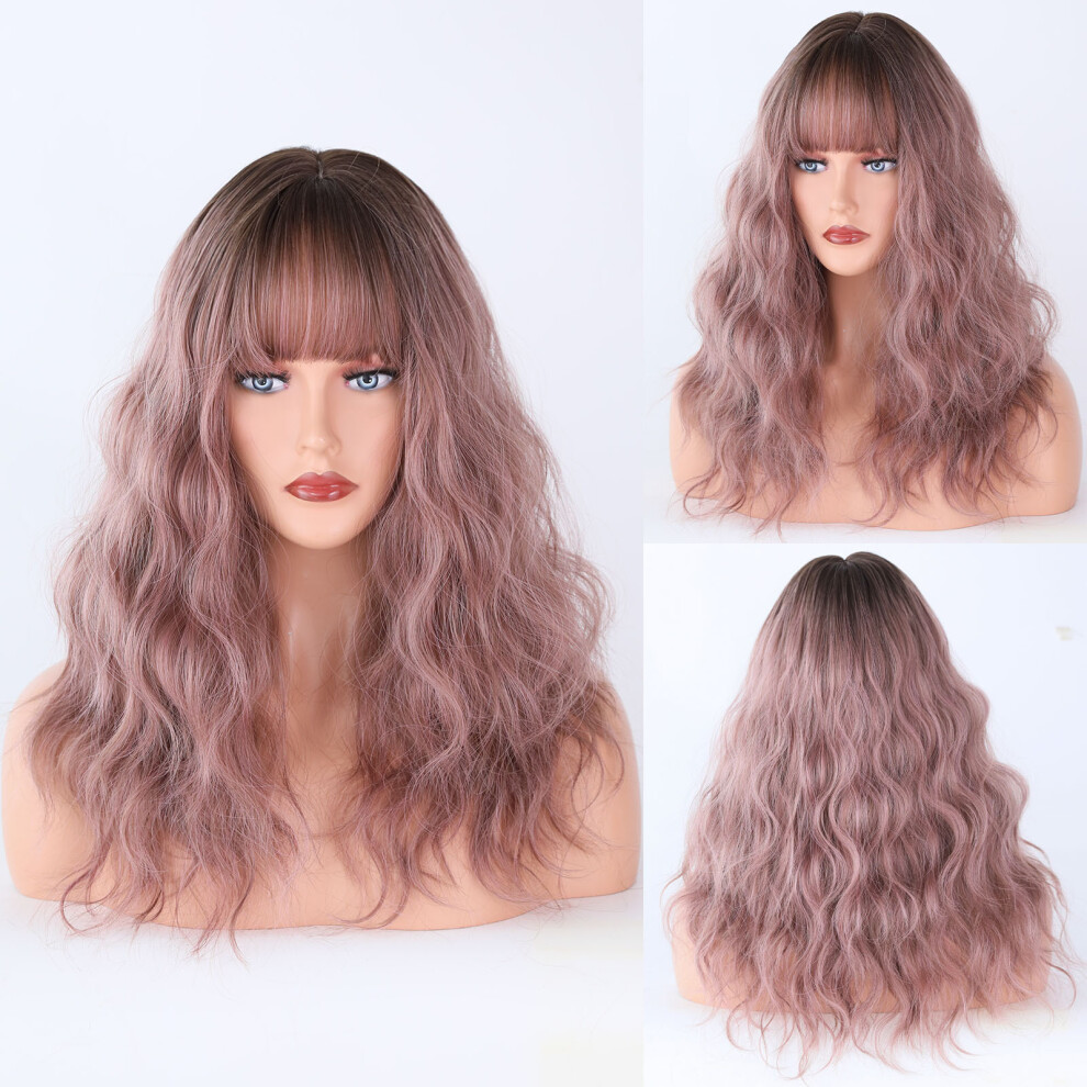 Unisex Pink,Orange,Brown (Pink Brown (Top Of The Head Dyed Brown)_54Cm 21.25Inch) New Dirty Orange Wig For Women Mid-Length Curly Hair European And American Chemical Fiber Hea