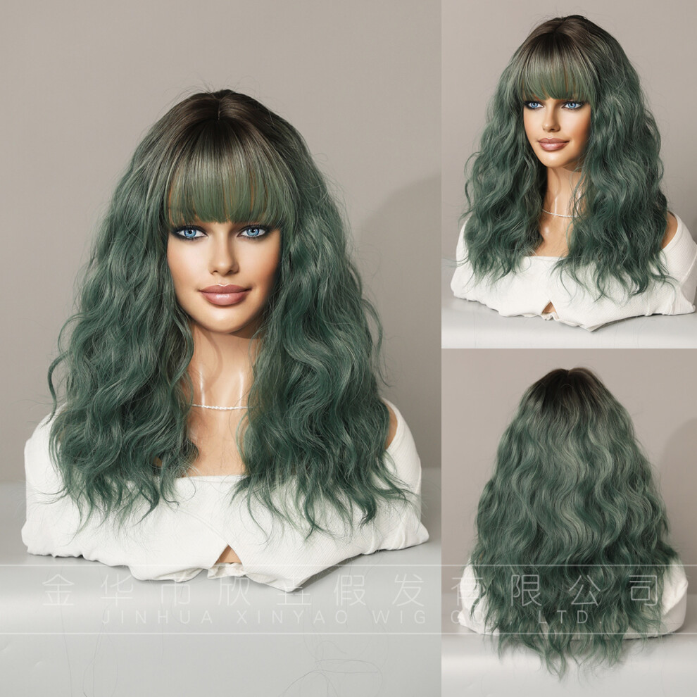 Unisex Green,Orange (Seaweed Green (Top Dyed)_54Cm 21.25Inch) New Dirty Orange Wig For Women Mid-Length Curly Hair European And American Chemical Fiber Head Hood Wig Wavy