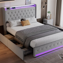 Upholstered Bed 135x190cm, Storage Bed With Light Strips, Velvet, Grey