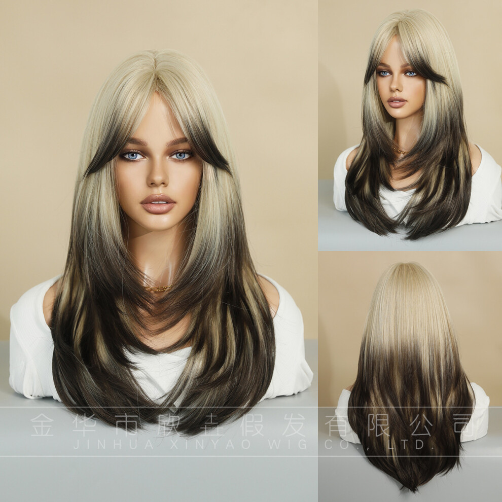 Unisex Brown ((Model Features) Hair End Dyeing_64cm 25.19Inch) New Wig Layered Women's Long Hair Gradient Long Curly Hair European And American Chemical Fibe