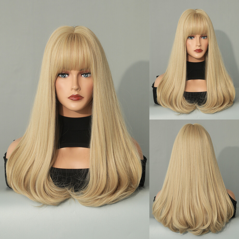 Unisex Silver (Golden_55cm 22Inch) New Platinum Blonde Wigs Synthetic Long Curly Wig With Bangs