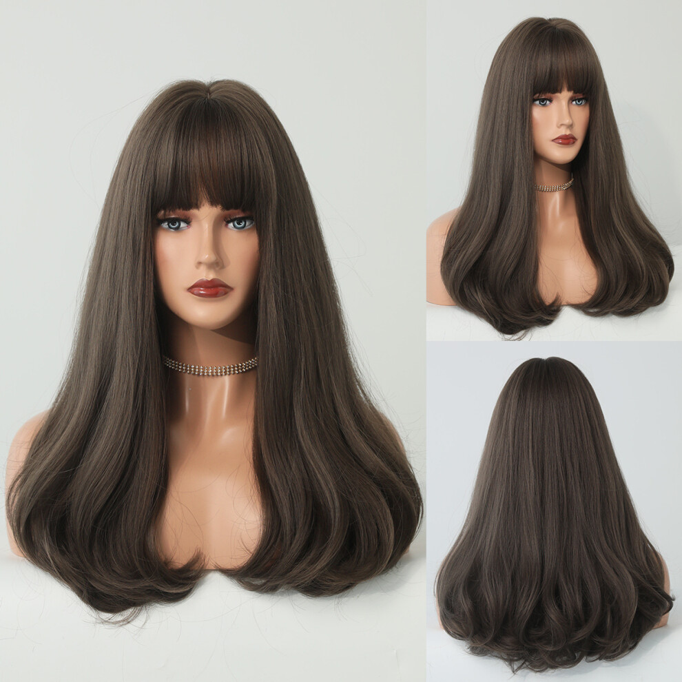 Unisex Silver (Cold Brown_55cm 22Inch) New Platinum Blonde Wigs Synthetic Long Curly Wig With Bangs