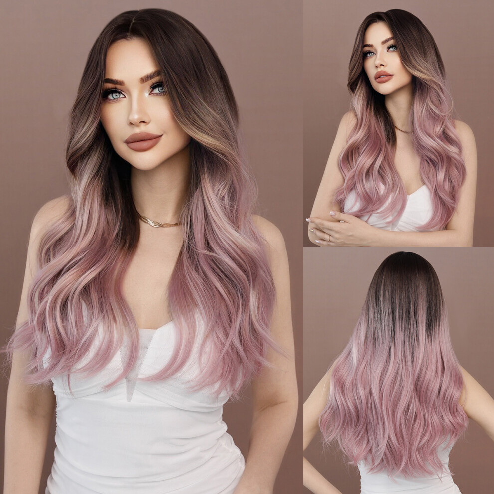 ((Model Features) Purple Peach Gradient_60cm 24Inch) New European and American wigs pink gradient purple curly hair middle part Korean big wave wigs P