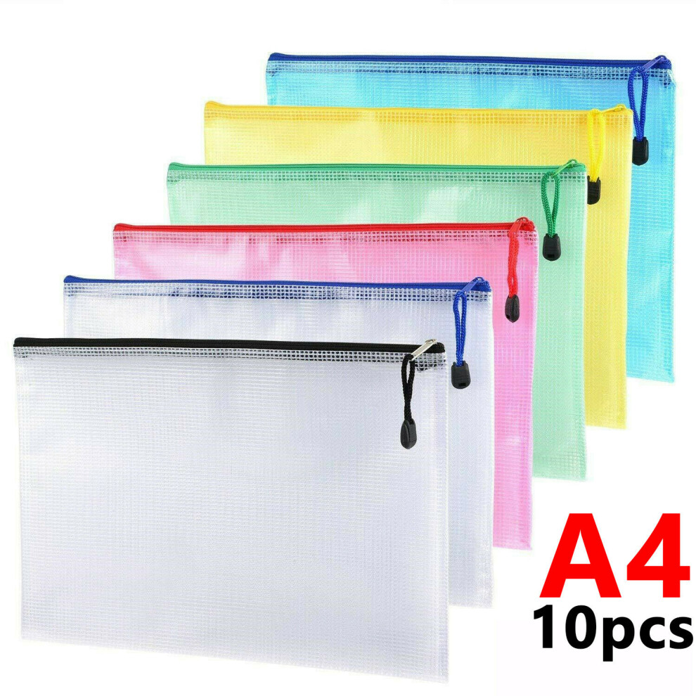 10X A4 Plastic Wallet Pocket Storage File Bags Paper Document Zip Mesh Folder Multi Colours