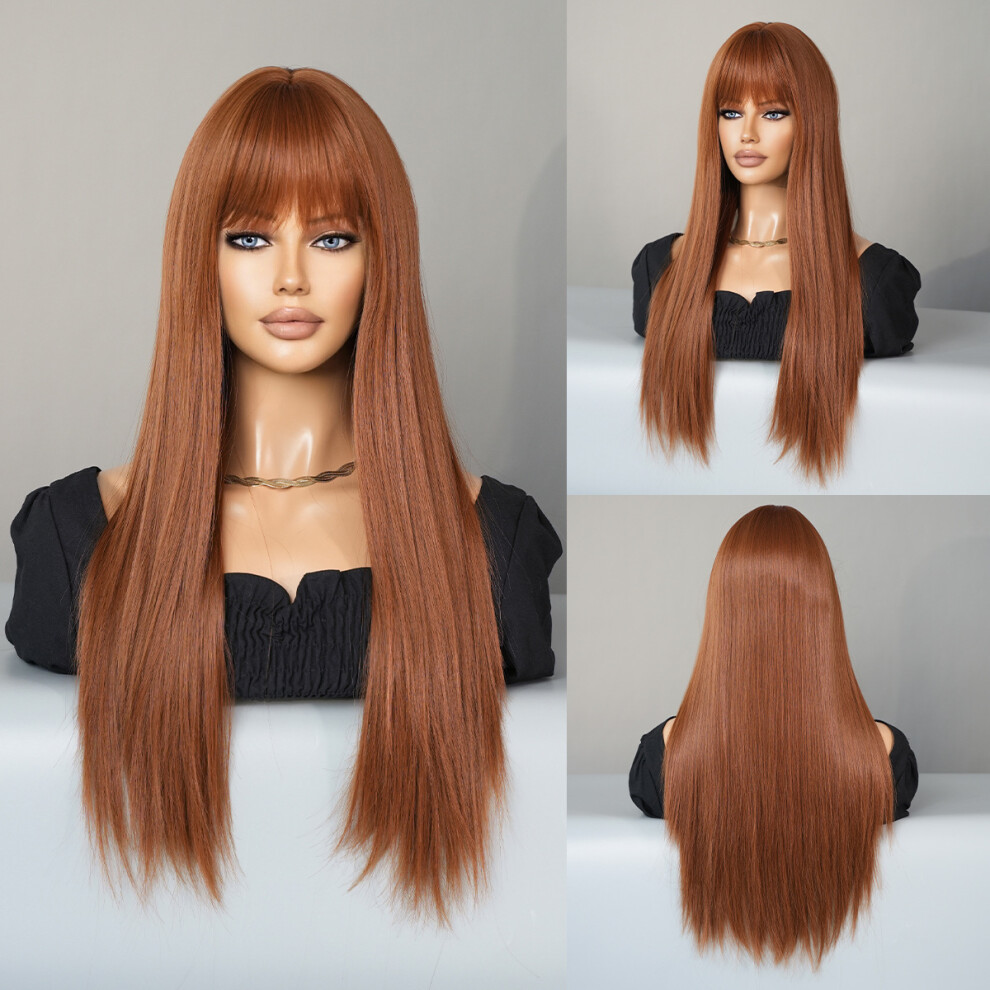 Unisex Brown ((Model Features) Caramel _70Cm 28 Inch) New Long Straight Ginger Wig With Bangs For Women Synthetic Hair