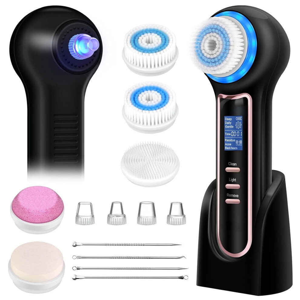 Black (Black) Face Scrubber Exfoliator,Facial Cleansing Brush Waterproof With Lcd Screen,Head Remover Vacuum With 5 Brush Heads,Face Spin Brush For Exf