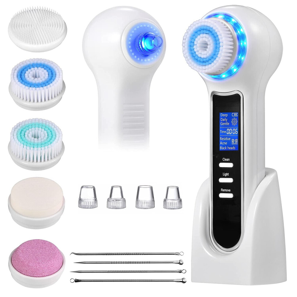 White (White) Face Scrubber Exfoliator,Facial Cleansing Brush Waterproof With Lcd Screen,Blackhead Remover Vacuum With 5 Brush Heads,Face Spin Brush For Exf