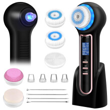 (Black) Face Scrubber Exfoliator,Facial Cleansing Brush Waterproof with LCD Screen,Blackhead Remover Vacuum with 5 Brush Heads,Face Spin Brush for Exfoliating