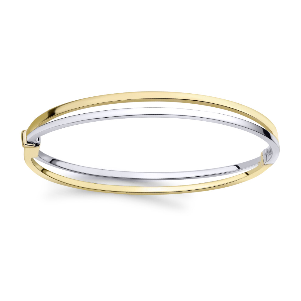 Jewelco London Ladies 9ct White & Yellow Gold Rectangular Dual Tube Split Carriageway Minimalist Bangle Bracelet 2mm - BNNR02356