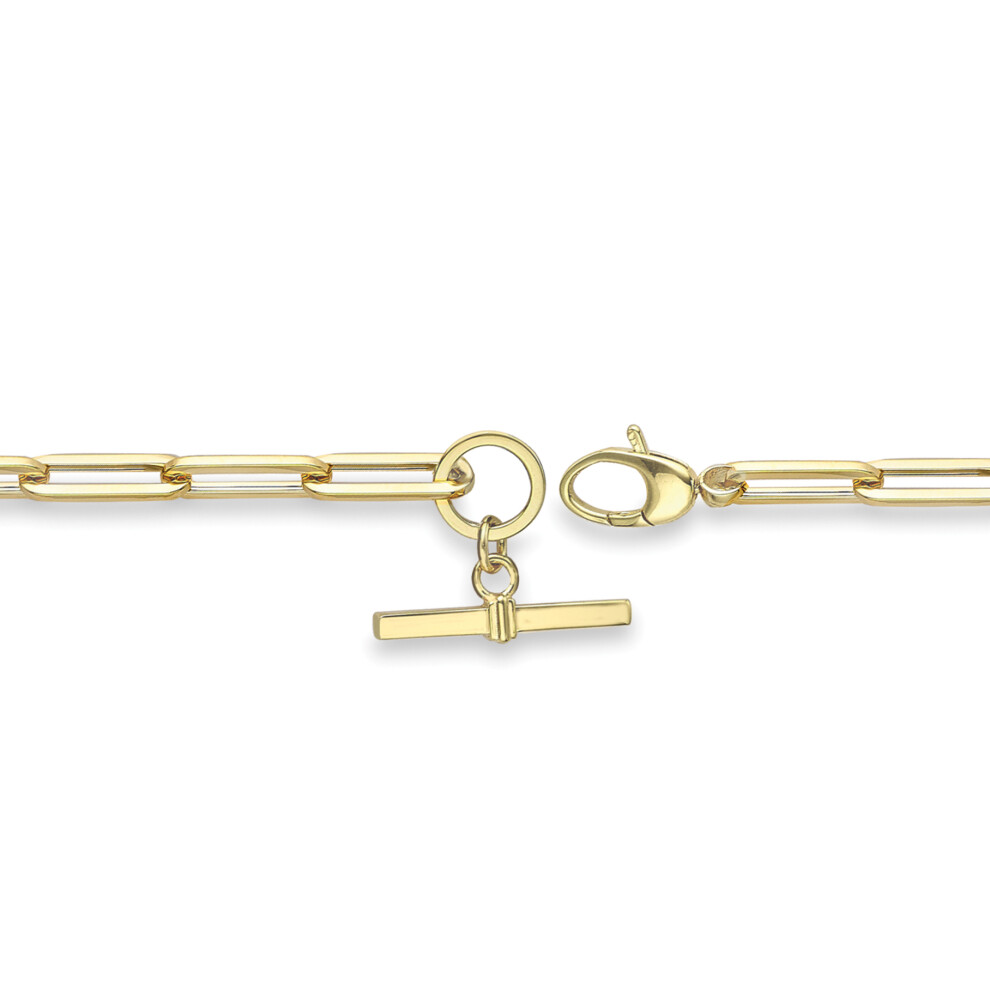 Jewelco London Ladies 9ct Yellow Gold Rectangular Tube Oval Paperclip T-Bar Chain Bracelet 4mm 7.25"/19cm - CANR02049-07
