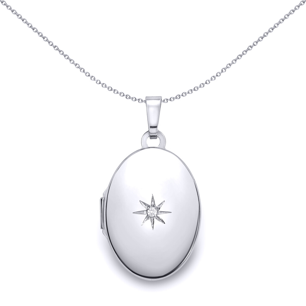 Jewelco London Ladies 9ct White Gold Diamond Star Set Oval Locket Pendant 18mm - LKNR02237