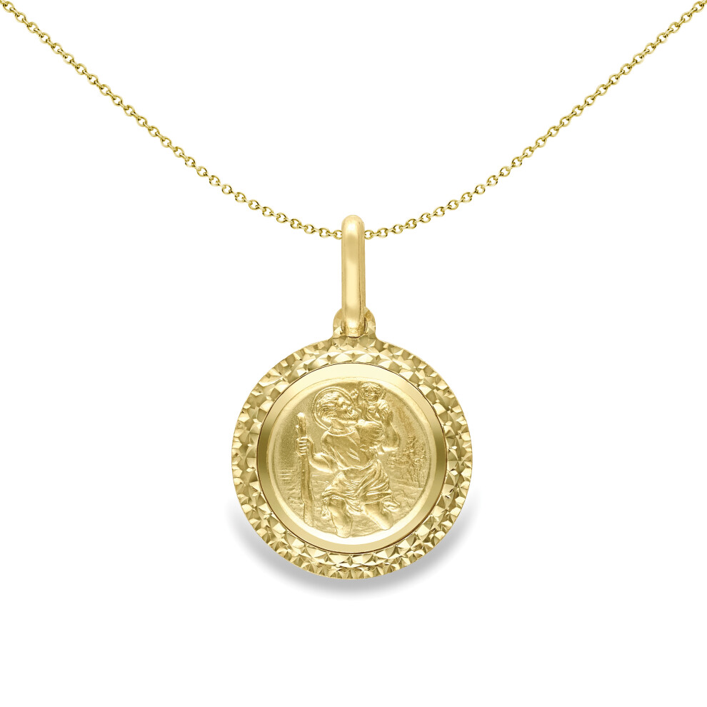 Jewelco London Unisex 9ct Yellow Gold Shimmering Diamond-cut Framed St Christopher Medallion Pendant 14mm - SCNR02066