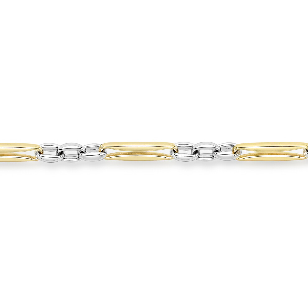 Jewelco London Ladies 9ct White & Yellow Gold Stretched Elongated Pinched Figaro Style Chain Bracelet 4mm 7.5"/19cm - CANR02057-07