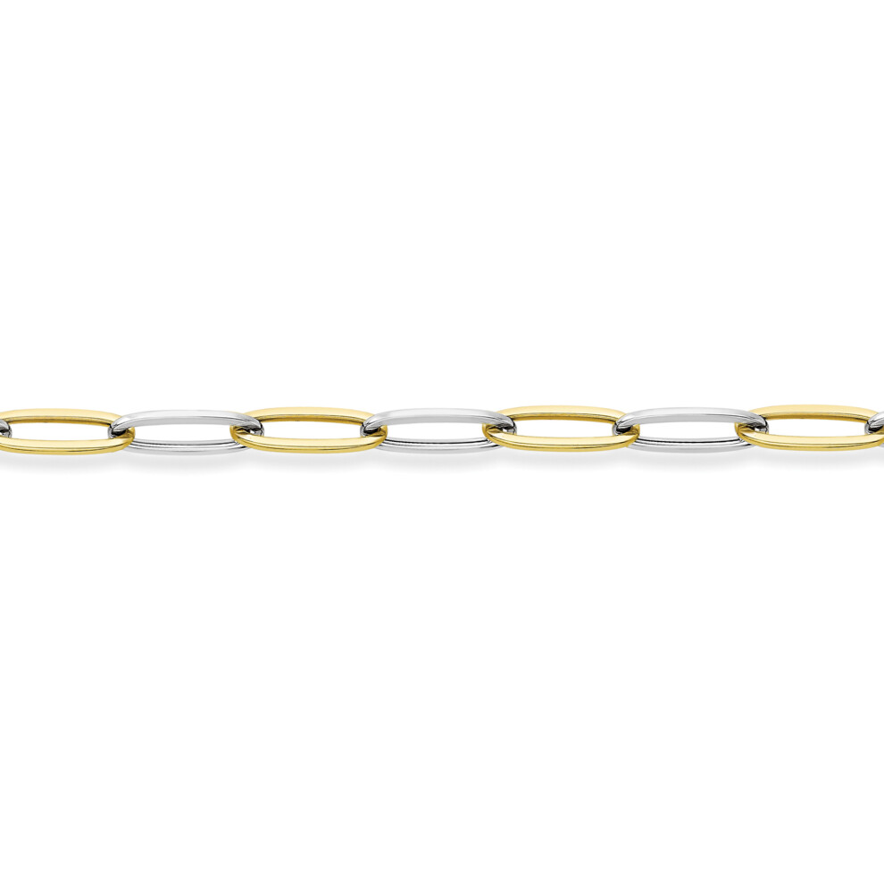 Jewelco London Ladies 9ct White & Yellow Gold Rectangular Tube Oval Link Chain Bracelet 5mm 7.5"/19cm - CANR02048-07