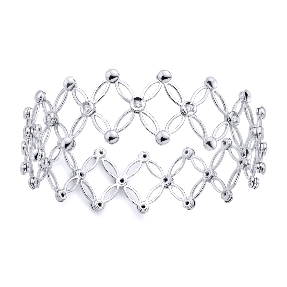 Jewelco London Ladies 18ct White Gold Diamond Expanding Art Deco Button Gate Adjustable Cuff Bangle Bracelet - BGNR02089