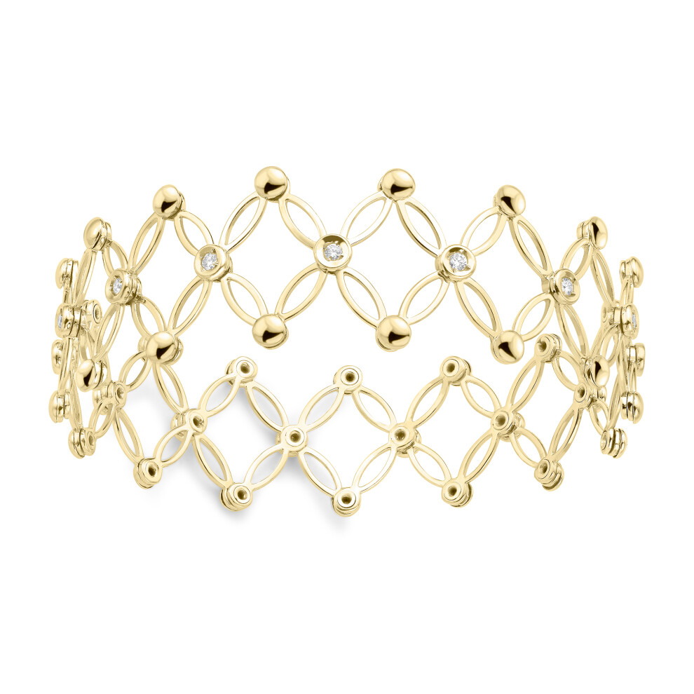 Jewelco London Ladies 18ct Yellow Gold Diamond Expanding Art Deco Button Gate Adjustable Cuff Bangle Bracelet - BGNR02090