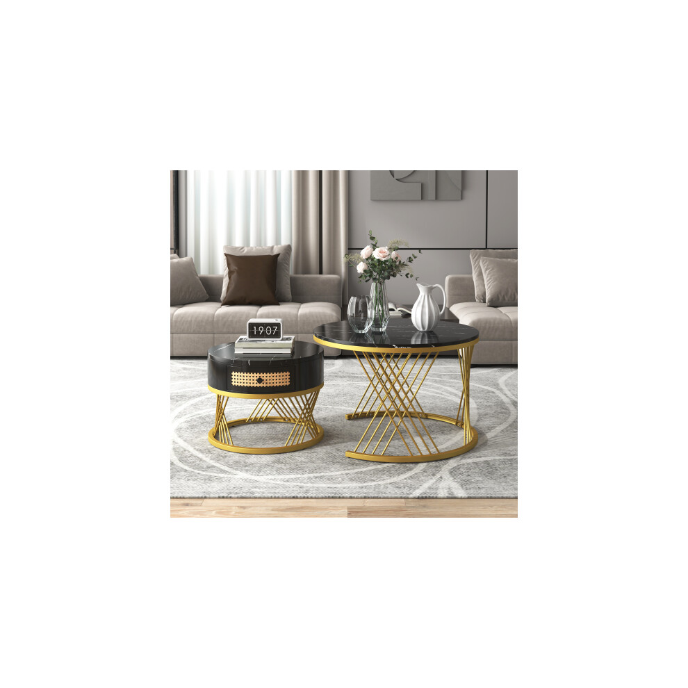 2-in-1 round coffee table made of MDF , rattan drawers and solid wood handles, Gold coloured iron legs