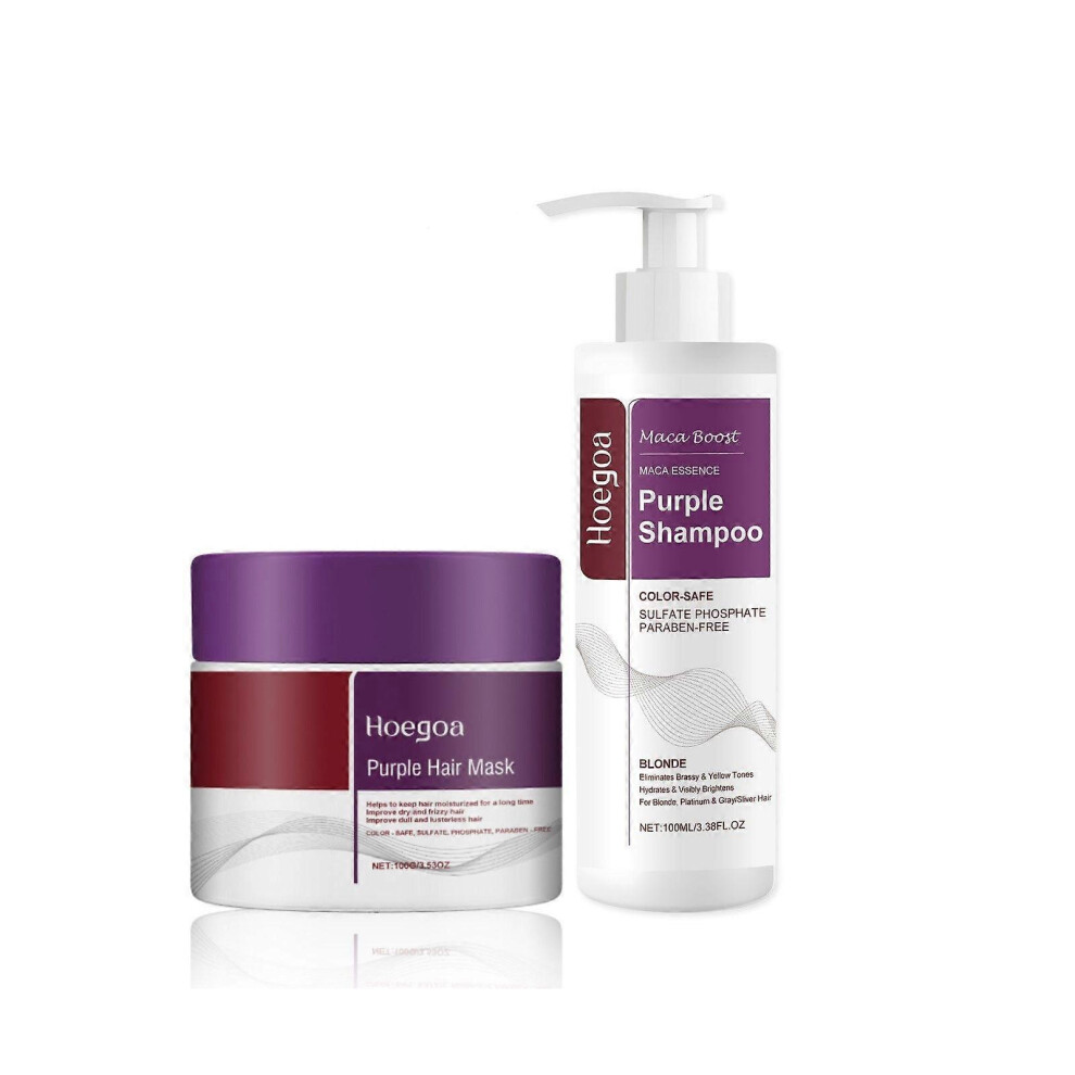 Maca Purple Hair Mask and Purple Shampoo Set,Maca Essence Purple Shampoo,Neutralizes Brass & Yellow Tones for Blonde Silver Gray Highlighted Hair