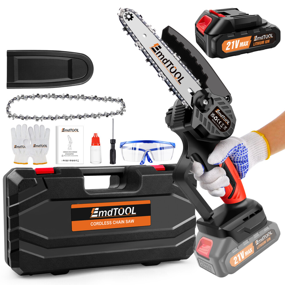 (Red,2 Batteries) Cordless Mini Chainsaw 6 Inch Handheld Electric Chain Saw & Case for Tree Pruning, Trimming, Branch Cutting