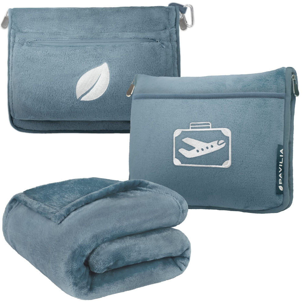 PAVILIA Travel Blanket Pillow in Soft Bag with Pockets  Airplane Blanket Set  Plane Blanket Compact Packable  Flight Essentials Car Pillow  Travelers