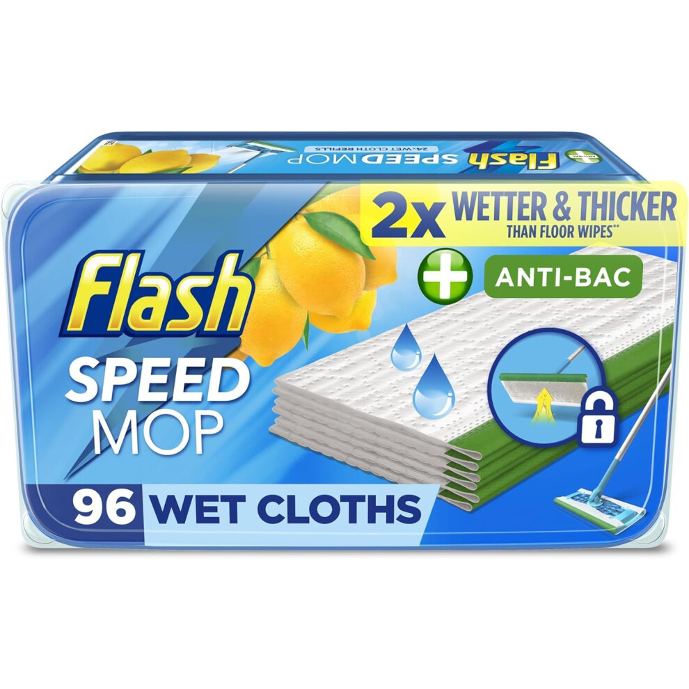 Flash Wet Floor Cleaning Wipes, 96 Cloths (24X4) Antibac Lemon Multi-Surface, Trap & Lock Daily Dirt Grease Grime Without Getting Down On Your Knees