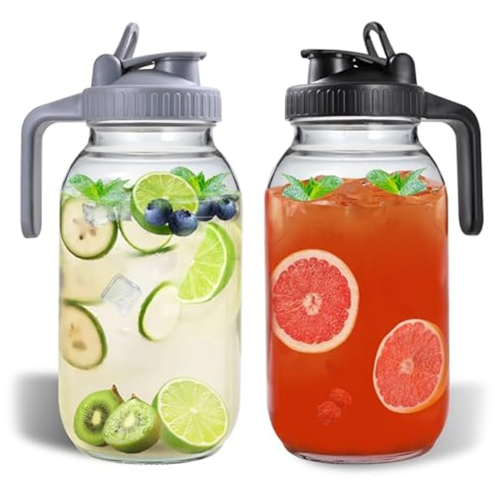 2pcs 64oz Glass Pitchers with Lid and Spout, Jar Pitchers, Wide Mouth Leak-Proof Water Jug for Water,Juice,Milk