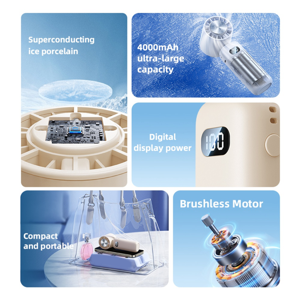 Ice Compress Mini Fan Cooling Handheld Folding Digital Display Mute Desktop Neck Fan,C 4852394679616