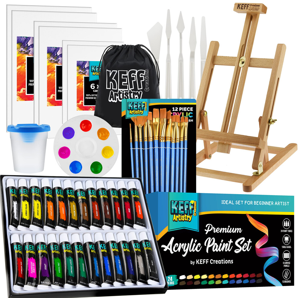 KEFF Acrylic Paint Set for Adults & Kids  51Pc Painting Kits for Adults w Paint Supplies Art Painting Kit w 24 Acrylic Paints  Wood Paint Easel  Paint