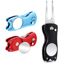 3Pcs Golf Divot Repair Tool with Magnetic Ball Marker & Pop-up Button Pitch Mark Putt Alignment for Golfers, Foldable Metal Putting Green Tool