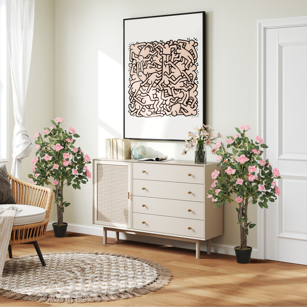 HOMCOM Set of 2 Decorative Artificial Plants Rose Trees in Pot, Pink