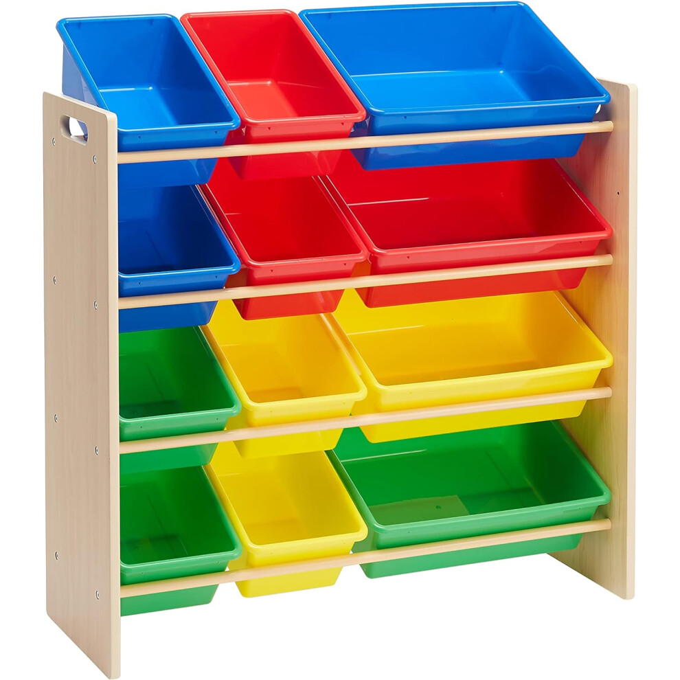Kids Toy Storage Organizer with 12 Plastic Bins - Natural Wood with Bright Bins