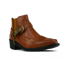 (UK Size 6, Tan) Malin London Dallas Mens Cuban Heel Smart Chain Buckle Cowboy Riding Ankle Boots