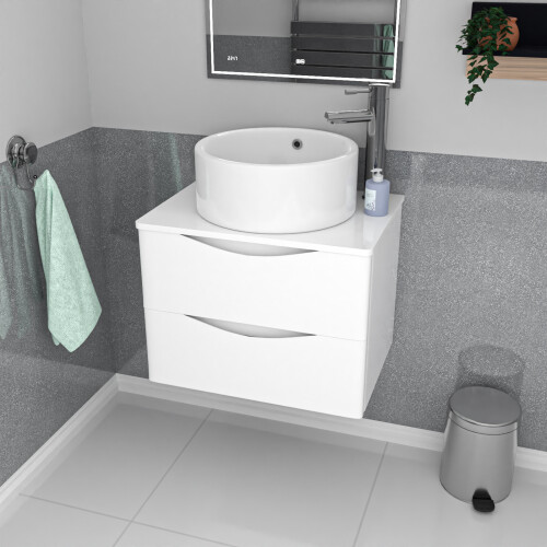 NES Home Nes Home 600mm White Wall Hung Vanity Unit, Worktop With Round Bowl Basin
