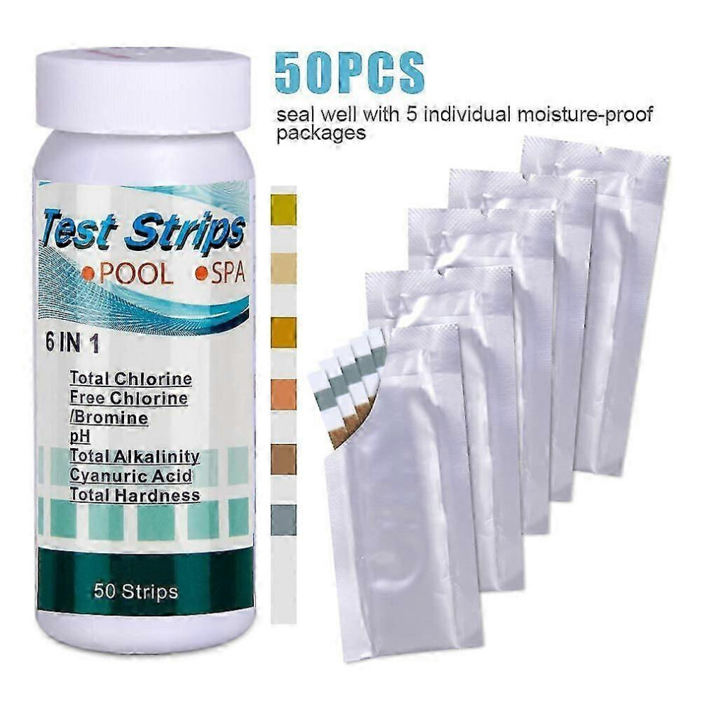 50pcs Hot Tub Dip Test Strips, 6IN1 Pool Dip Test Sticks, Accurate Dip Test Strips for Chlorine PH Alkalinity, 50 Pcs Dip Tests for Pool Hot Tub SPA
