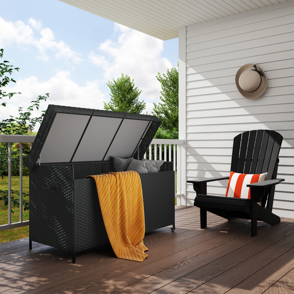 Outsunny 627 L Rattan Garden Storage Box with Gas Lift Lid and Wheels, Black