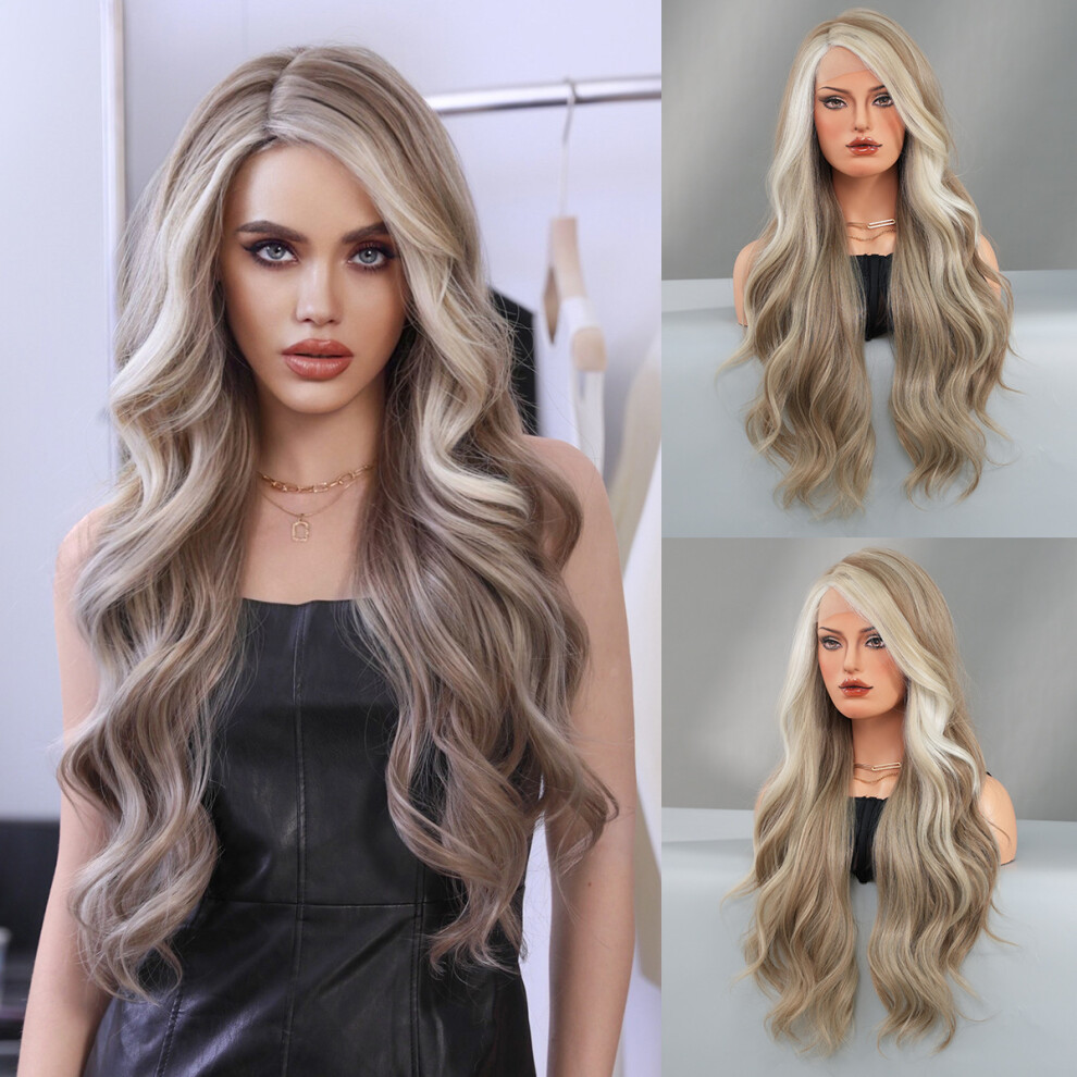 Unisex Blue,Gold (Blue Gray Pick White_70cm 28 Inch) New T Lace Wig European And American Wig Women Side Split Champagne Gold Gradient Large Wave Chemical Fiber Lace W