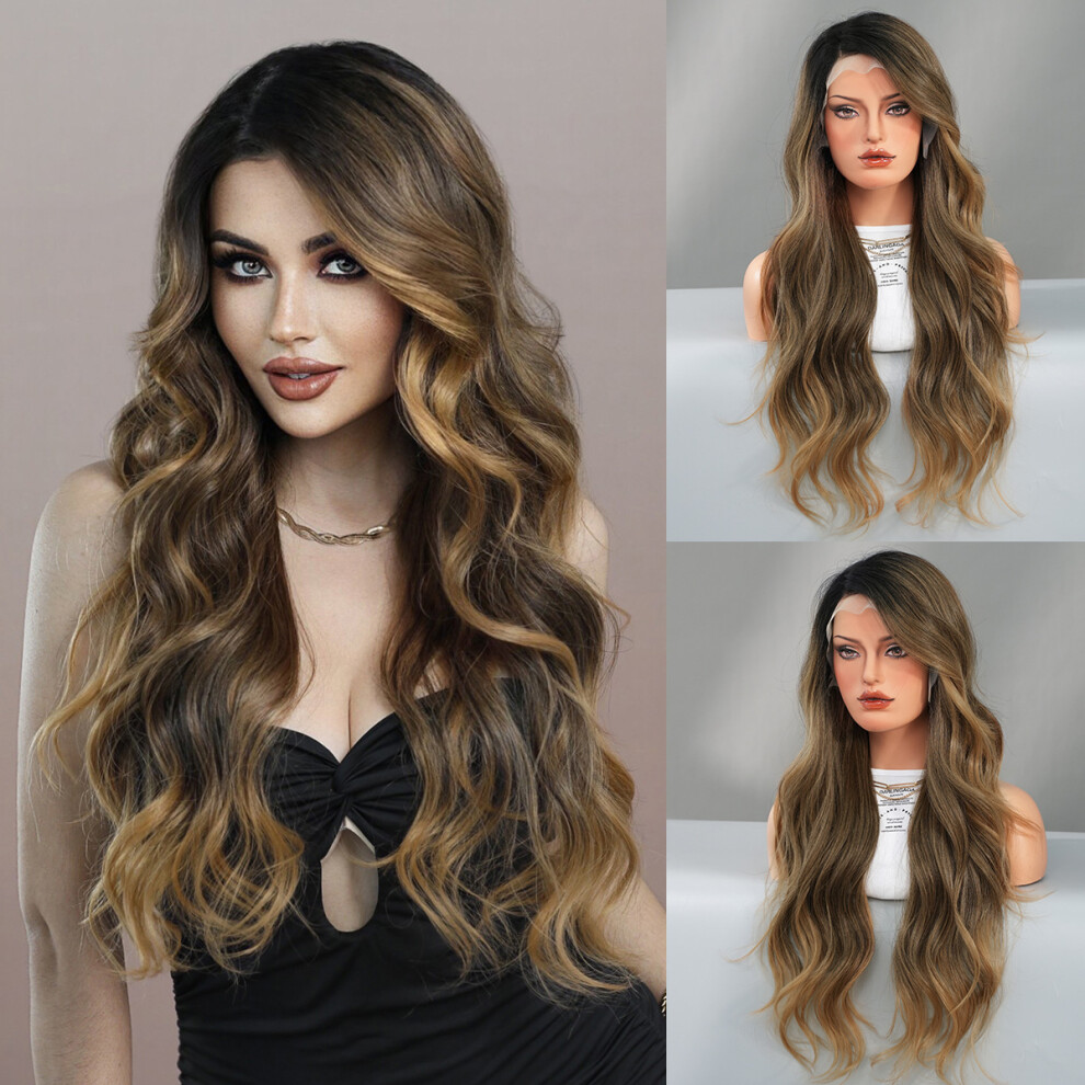 Unisex Gold (Red-Brown Gradient Top Dyeing_70cm 28 Inch) New T Lace Wig European And American Wig Women Side Split Champagne Gradient Large Wave Chemical Fib