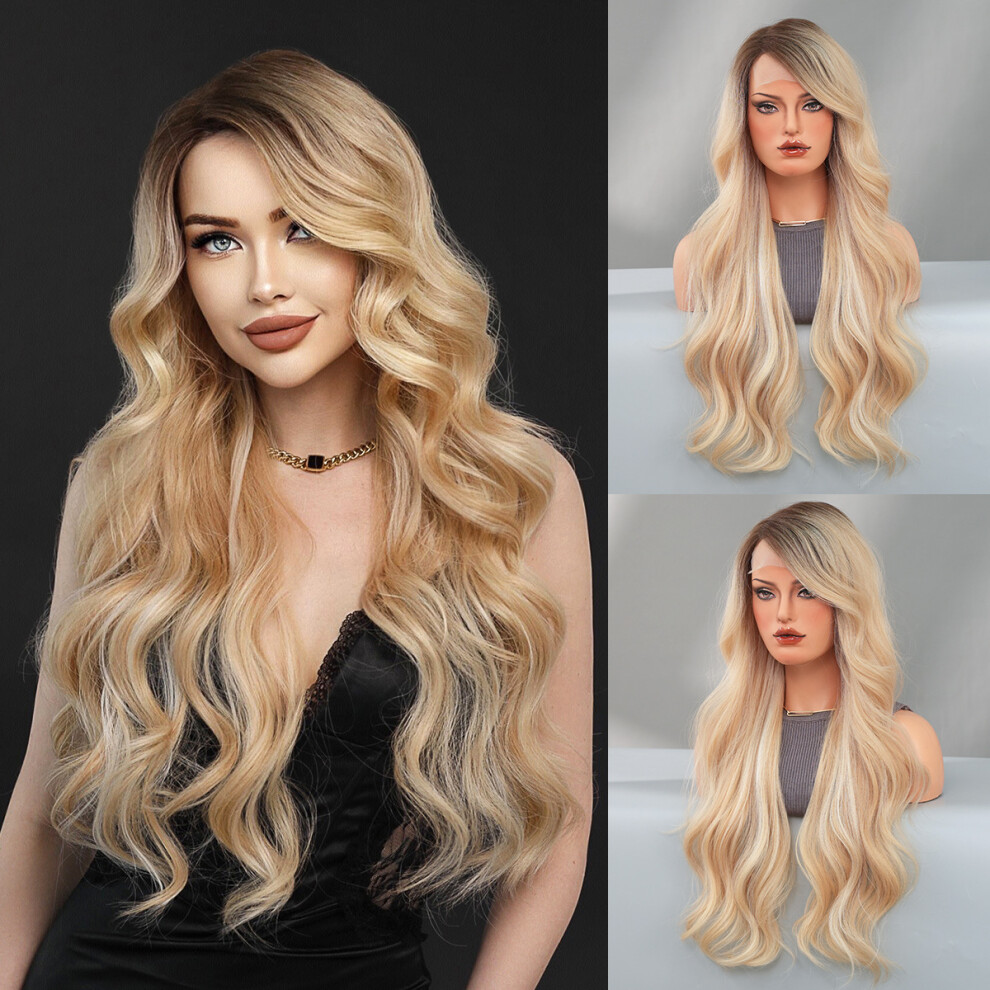 Unisex Orange,Gold (Orange And Gold Top Dye_70cm 28 Inch) New T Lace Wig European And American Wig Women Side Split Champagne Gold Gradient Large Wave Chemical Fiber Lac