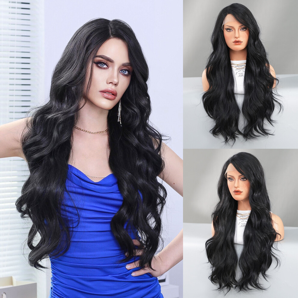 Unisex Gold (Smoke Black_70cm 28 Inch) New T Lace Wig European And American Wig Women Side Split Champagne Gradient Large Wave Chemical Fiber Lace Wig