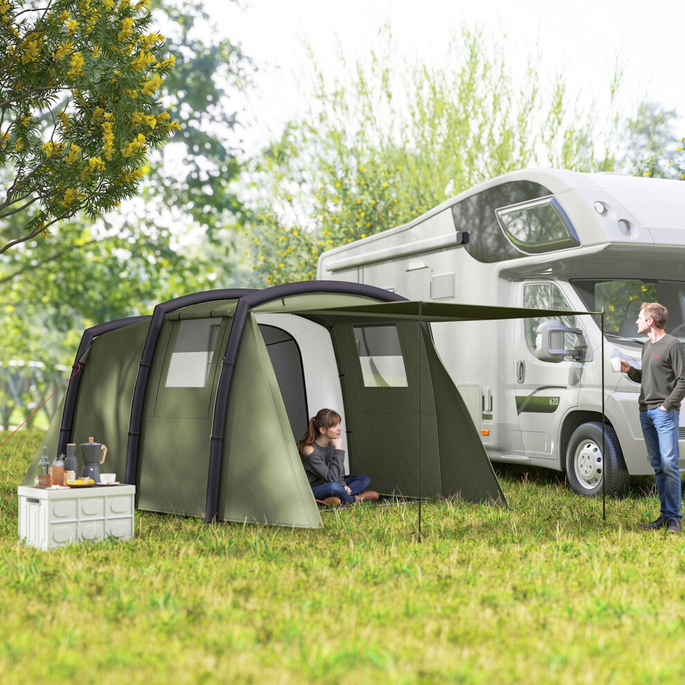 Outsunny Inflatable 3-4 Man Tunnel Tent w/ Pump, Living Area, Olive Green